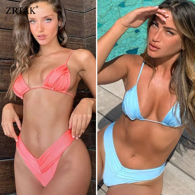 Zrtak Sexy Handwork Bikinis Small Ruffle Swimsuit Vintage Print Swimwear Women Bathing Suit Leopard Patchwork Bikini Set String