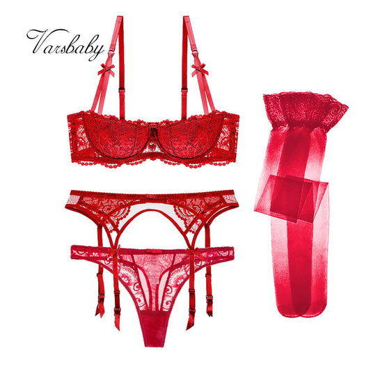Varsbaby 4 Pcs Sexy Spitze Halb-Tasse Dünnen Unterwäsche Stickerei Büstenhalter Sammeln Bh + Tanga + Gürtel + strümpfe Dessous Sets
