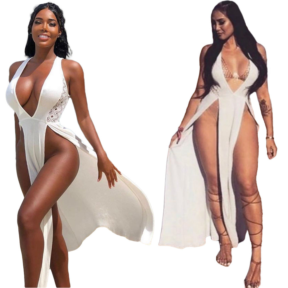 2021 cross-border Amazon Europe and America solid color high waist split white milk silk lace stitching long skirt dress female